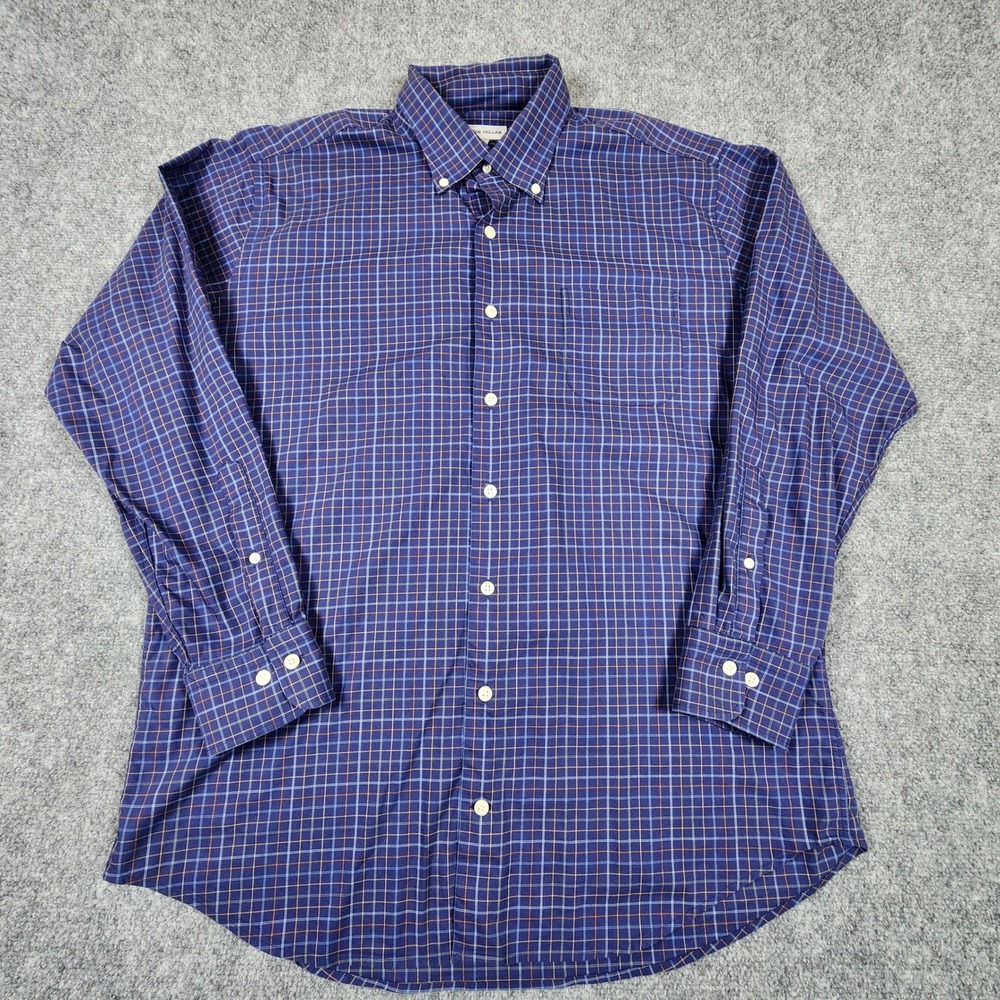 Peter Millar Mens Large Blue Orange Plaid Check Button Down Shirt Performance L
